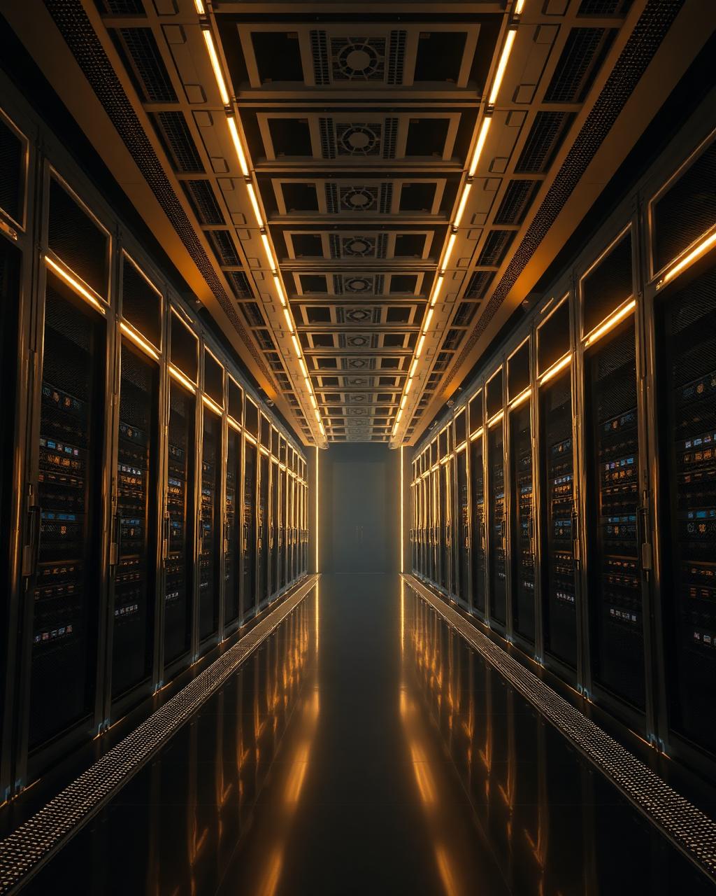 Enterprise data center with warm architectural lighting